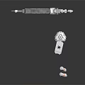 Futuristic Silver Weapon with Red Details and Mechanical Design alongside Companion Devices and Cylindrical Components