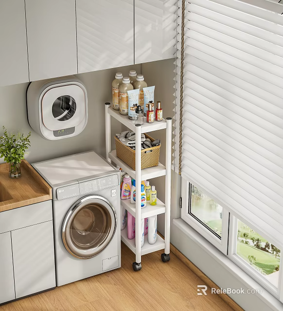 Practical Laundry Room Shelf Unit With Washing Machine Cleaning Supplies Storage Basket And Potted Plant 3d model 