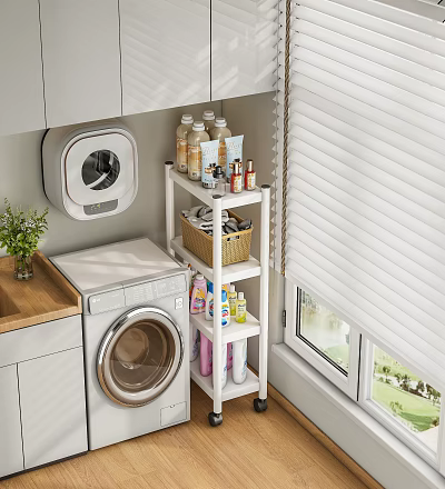Practical Laundry Room Shelf Unit With Washing Machine Cleaning Supplies Storage Basket And Potted Plant 3d model