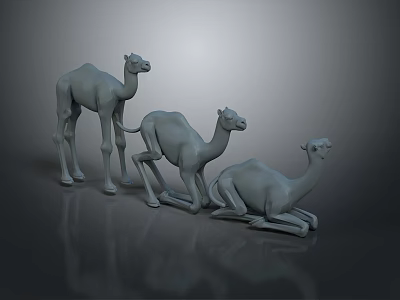 Gray Camel Figurines In Different Poses Standing And Kneeling On Dark Background 3d model