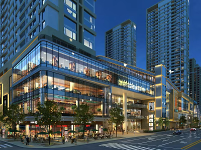Modern Commercial Street With High Rise Buildings Glass Facades Night Lighting Pedestrians And Trees 3d model