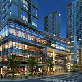 Modern Commercial Street With High Rise Buildings Glass Facades Night Lighting Pedestrians And Trees