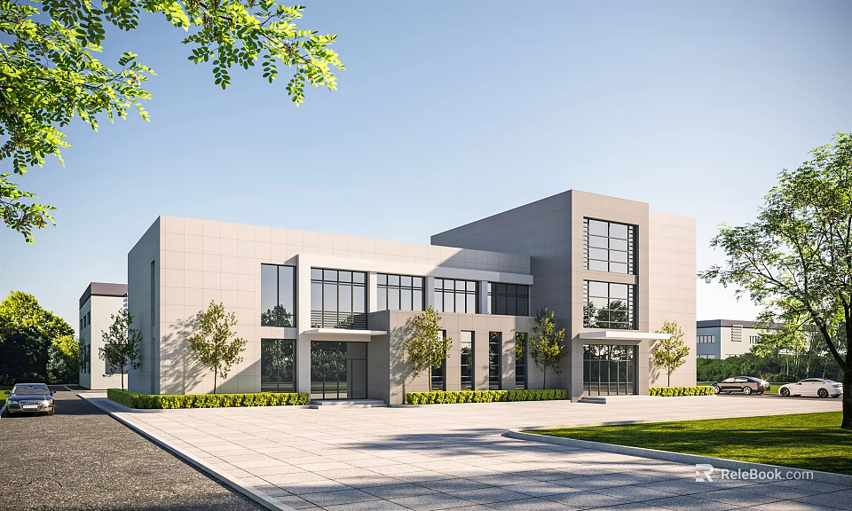 Modern Office Building Featuring Glass Windows Trees Lawn and Spacious Entrance 3d model 
