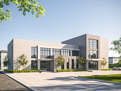 Modern Office Building Featuring Glass Windows Trees Lawn and Spacious Entrance 3d model