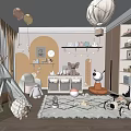 Cozy Kids Room Interior With Teepee Tent Soft Armchair Toys Balloons Shelves And Rug