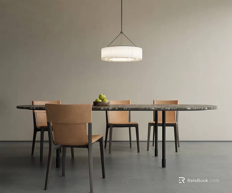 Modern Dining Table Set With Marble Top And Four Beige Chairs Under Pendant Light 3d model