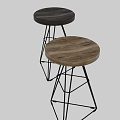 Two Modern Bar Stools with Wooden Round Seat and Black Metal Frame Legs