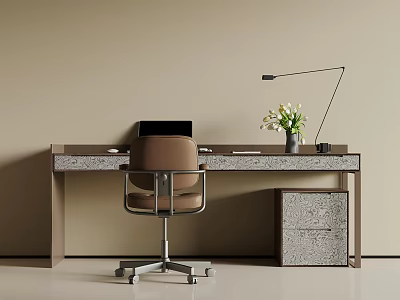 Modern Study Desk With Ergonomic Chair Adjustable Lamp And White Flower Vase 3d model