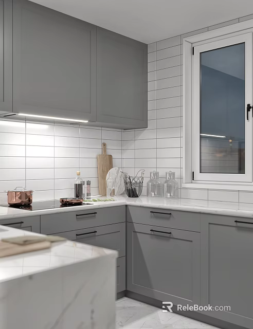 Gray Kitchen Cabinets With White Tile Backsplash And Countertop Near Window 3d model