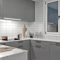 Gray Kitchen Cabinets With White Tile Backsplash And Countertop Near Window 3d model