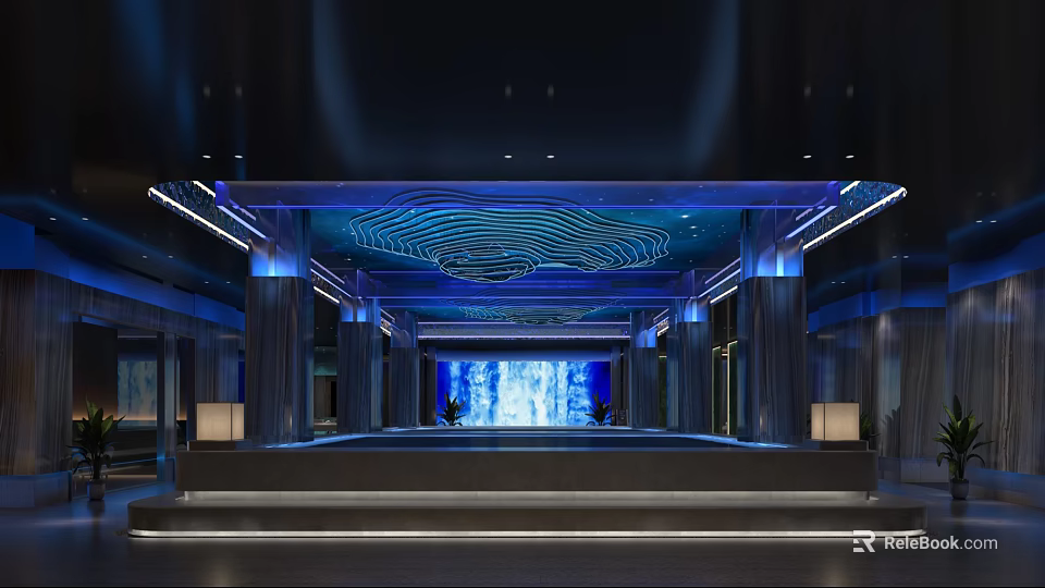 Modern SPA Sauna Interior Design With Blue Lighting And Waterfall Wall 3d model 