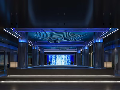 Modern SPA Sauna Interior Design With Blue Lighting And Waterfall Wall 3d model