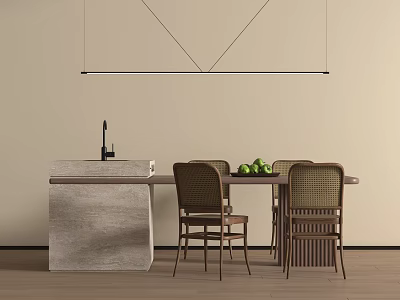 Modern Dining Table With Woven Backrest Chairs Green Apples And Long Pendant Light 3d model