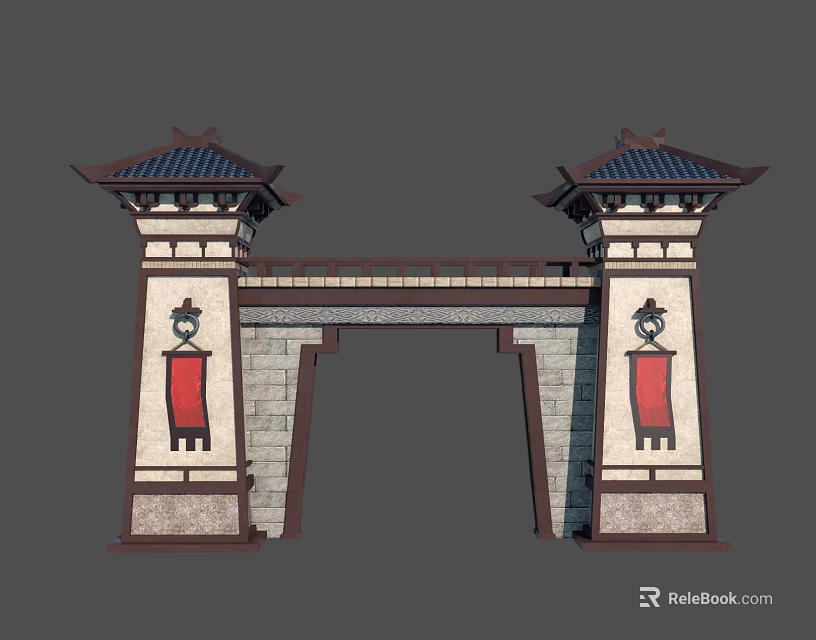 Traditional Chinese Entrance Gate With Ornate Roof Red Banners And Stone Carvings 3d model 