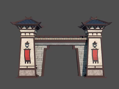 Traditional Chinese Entrance Gate With Ornate Roof Red Banners And Stone Carvings 3d model