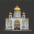 Cartoon Scene of White Building with Golden Domes Orange Decorations and Crosses