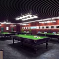 Cozy Billiard Room Featuring Multiple Green Felt Tables Ceiling Pendant Lights Brick Wall And Potted Plants