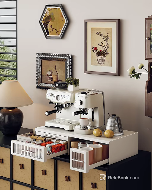 Modern White Kitchen Shelf With Coffee Machine Lemons And Storage Boxes 3d model