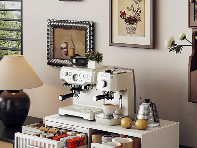 Modern White Kitchen Shelf With Coffee Machine Lemons And Storage Boxes 3d model