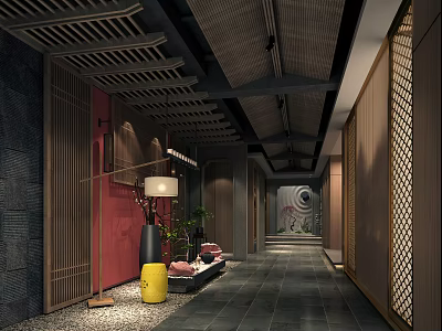 Traditional Chinese Elevator Hallway Interior With Wooden Lattice Red Wall And Pendant Lamp 3d model