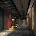 Traditional Chinese Elevator Hallway Interior With Wooden Lattice Red Wall And Pendant Lamp