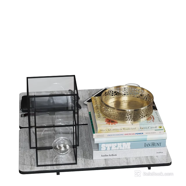 Stylish Decorative Ornament Set With Golden Wire Tray Black Metal Rack And Stacked Books 3d model 