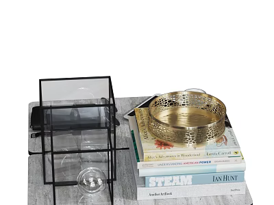 Stylish Decorative Ornament Set With Golden Wire Tray Black Metal Rack And Stacked Books 3d model