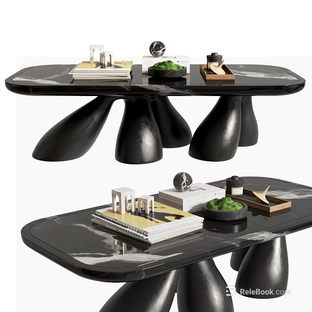 Modern Unique Design Coffee Table Featuring Black Curved Legs Marble Top and Decorative Books Plants 3d model 