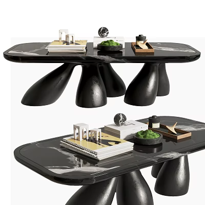 Modern Unique Design Coffee Table Featuring Black Curved Legs Marble Top and Decorative Books Plants 3d model
