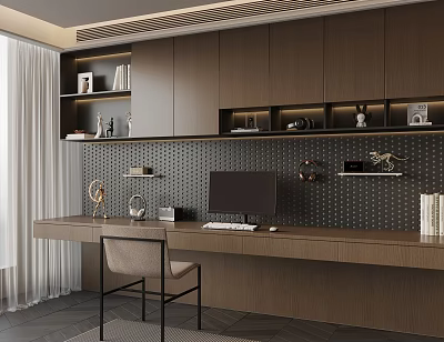 Modern Home Office With Dark Brown Cabinetry Shelves Desk Monitor Chair And Perforated Wall 3d model