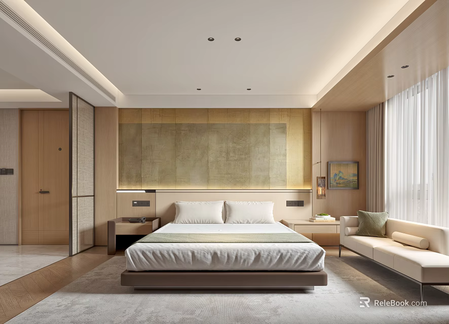 Modern Hotel Guest Room With Comfortable Bed Wooden Accent Wall And Sofa Seating 3d model 