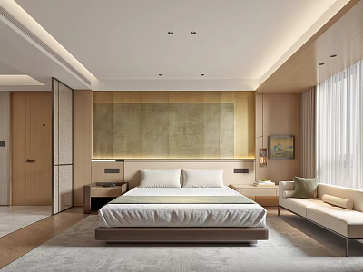 Modern Hotel Guest Room With Comfortable Bed Wooden Accent Wall And Sofa Seating 3d model