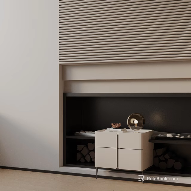 Modern White Side Table by Fireplace with Cabinet Doors Golden Lamp and Stacked Firewood 3d model 