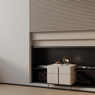 Modern White Side Table by Fireplace with Cabinet Doors Golden Lamp and Stacked Firewood 3d model