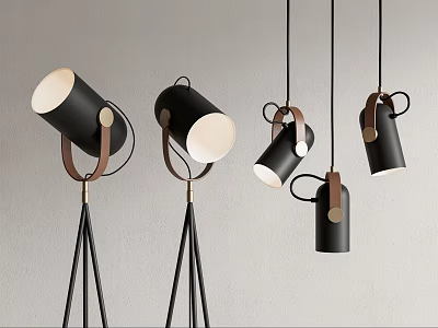 Modern Black Lighting Combination With Floor Lamps And Leather Pendant Lights 3d model