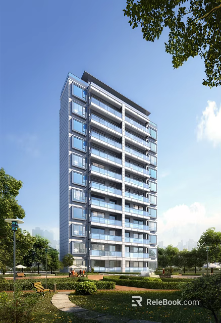 Modern High Rise Residential Building with Large Windows Balconies and Green Trees 3d model 