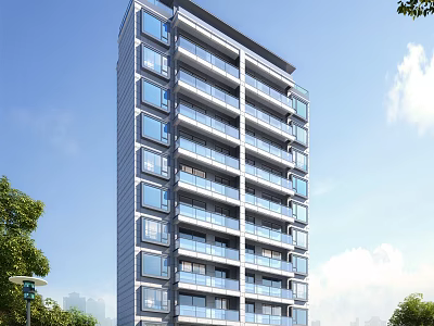 Modern High Rise Residential Building with Large Windows Balconies and Green Trees 3d model