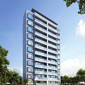 Modern High Rise Residential Building with Large Windows Balconies and Green Trees