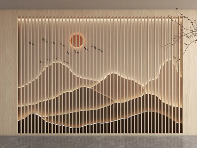 Modern Elegant Wooden Lattice Background Wall With Mountain Pattern Round Light Bird Decorations Warm Light 3d model