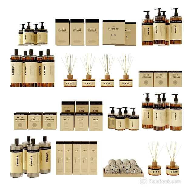 Elegant Daily Wash Essentials Featuring Hand Soap Diffusers Soap Bars And Candle Sets 3d model