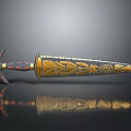 3D Rendered Mythical Sword With Ornate Golden Blade And Purple Red Hilt Accents
