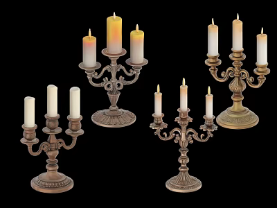 Vintage Metal Candle Holders With Lit Candles And Intricate Decorative Designs 3d model