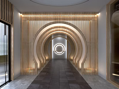 Modern Elevator Hallway With Wooden Lattice Circular Archway Dark Floor Tiles And Lighting Design 3d model