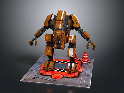 Orange Mechanical Robot Character With Black White Details Platform Traffic Cone And Tools 3d model