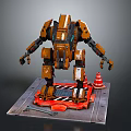 Orange Mechanical Robot Character With Black White Details Platform Traffic Cone And Tools