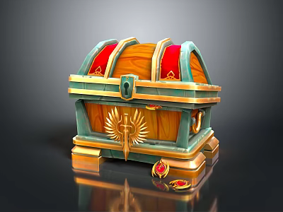 Wooden Treasure Chest With Red Panels Golden Trim Ornate Lock And Red Gems On Base 3d model