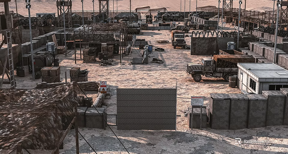 Desert Military Base Camp With Tactical Vehicles Sandbag Barriers And Defensive Structures 3d model 