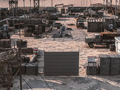 Desert Military Base Camp With Tactical Vehicles Sandbag Barriers And Defensive Structures 3d model