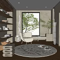Cozy Study Room With Wooden Shelves White Armchair Round Rug Large Window And Green Trees