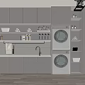 Modern Organized Laundry Room With Stacked Washer Dryer Cabinets Shelves And Sink